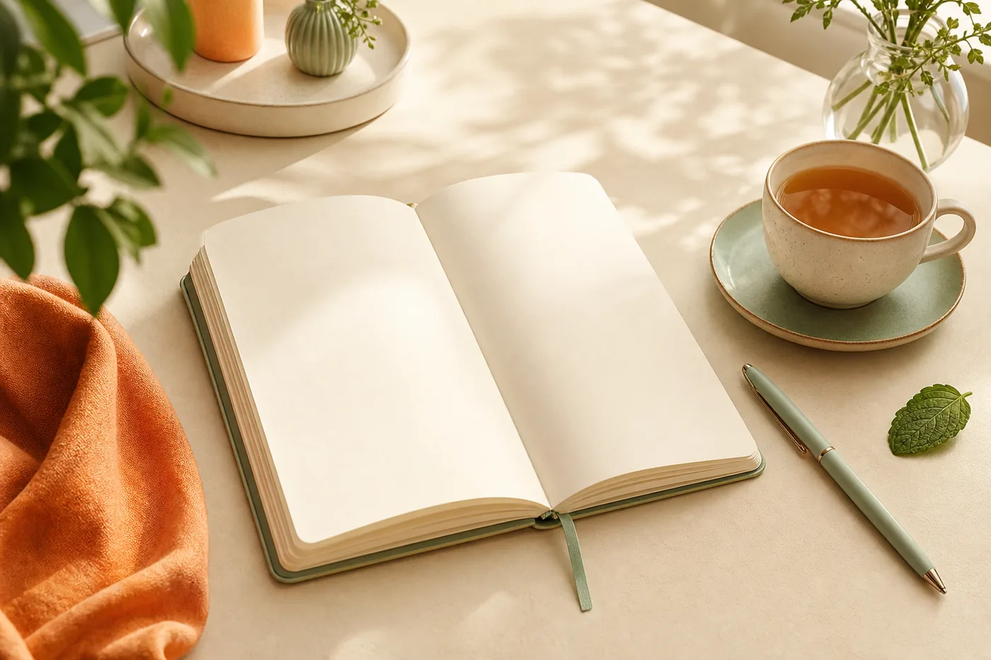 Offenes Journal mit Tee und Stift auf einem hellen Tisch