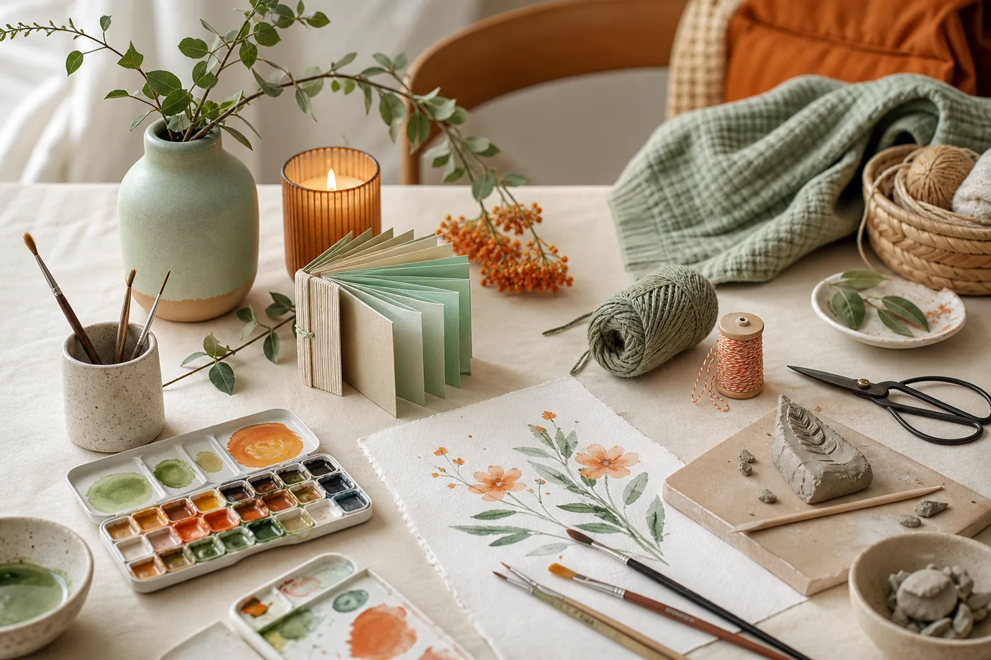 Kreativer Tisch mit Farben, Papier, Garn und Ton