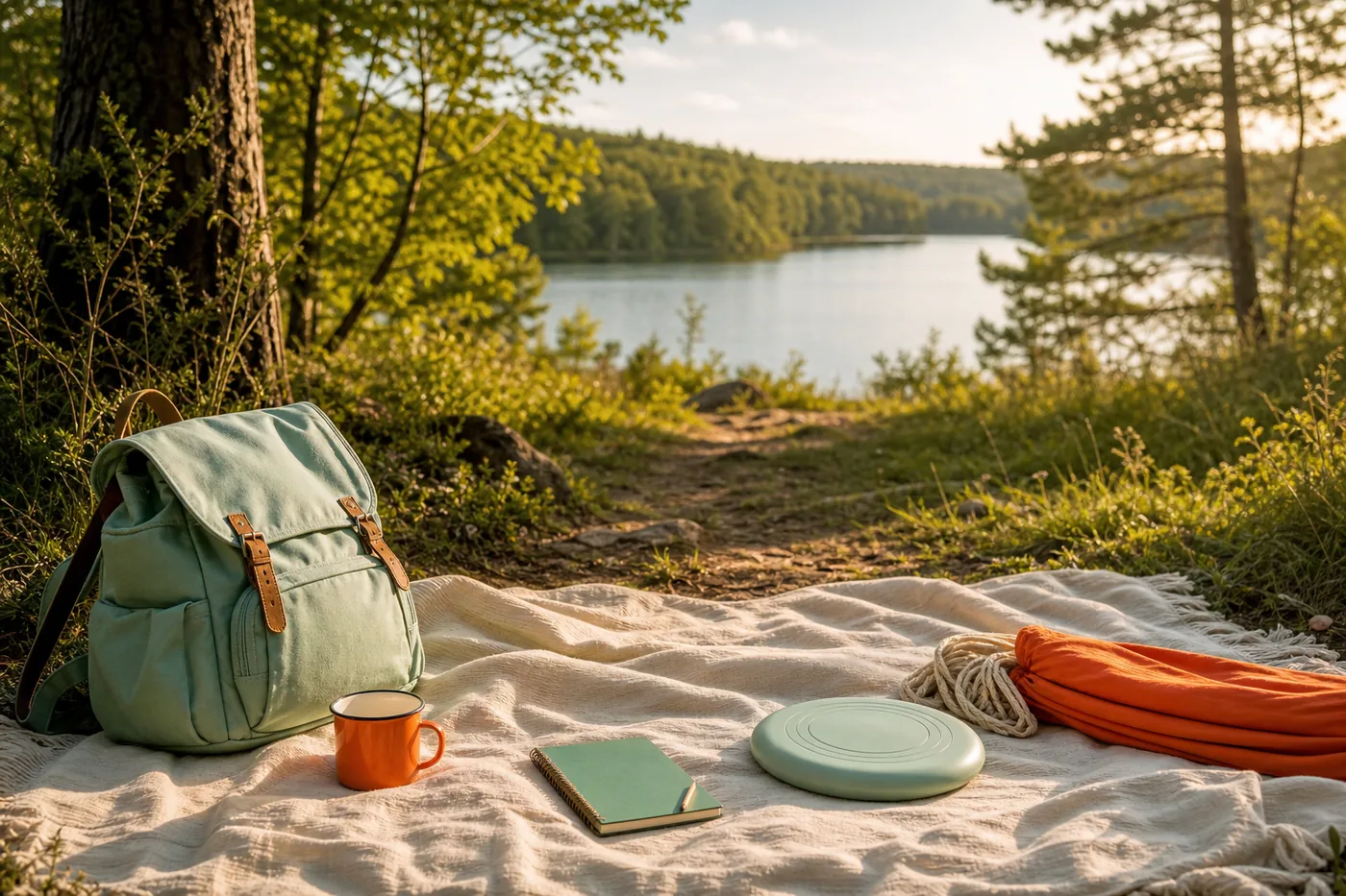 Picknickdecke mit Rucksack am See im Abendlicht
